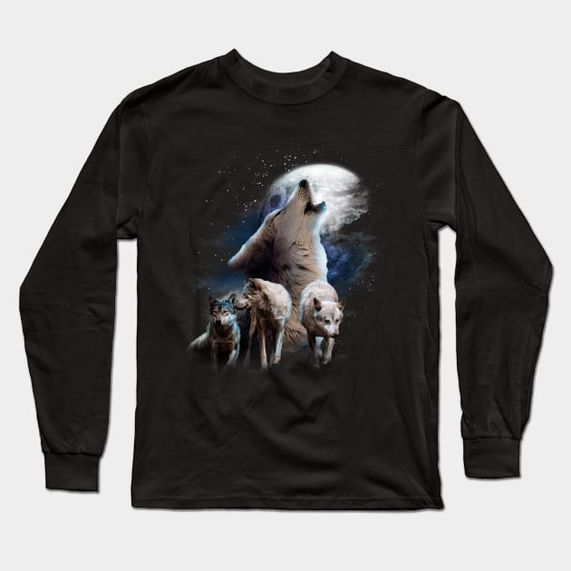 Space Wolves Cosmic Snow Wolf Howling At Moon Long Sleeve T-Shirt by Random Galaxy